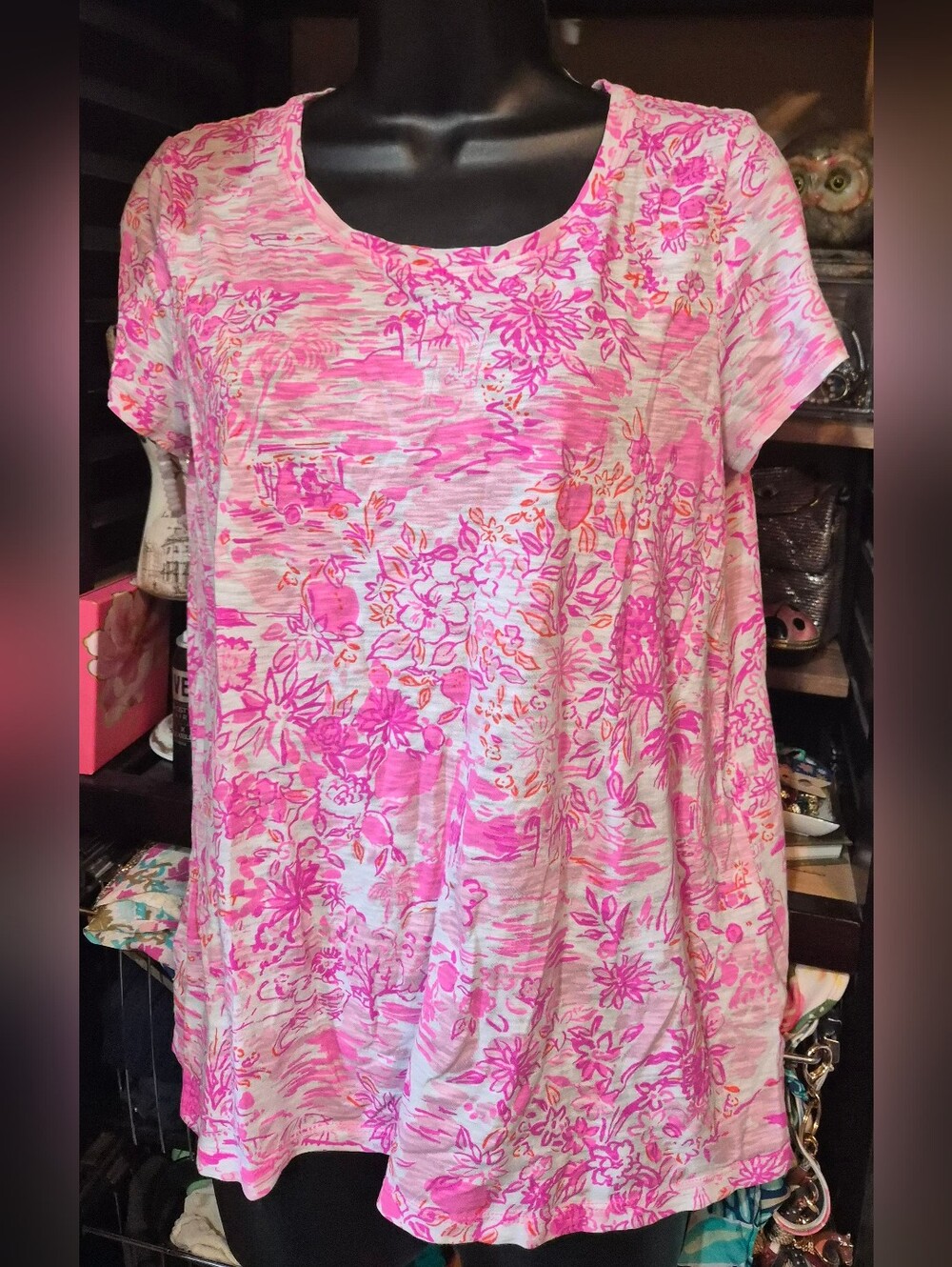 Lilly Pulitzer Etta Peony Pink Seaside Scene Size Small Tee Resortwear